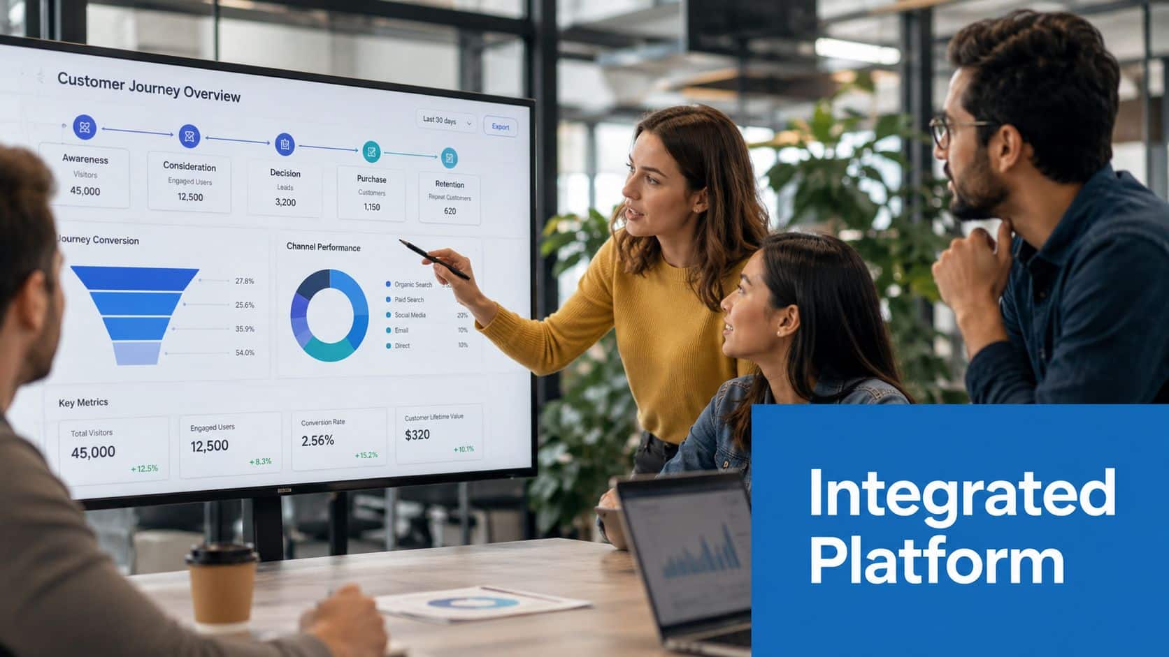 A diverse team collaborating in a modern office, reviewing marketing analytics on a large presentation screen.
