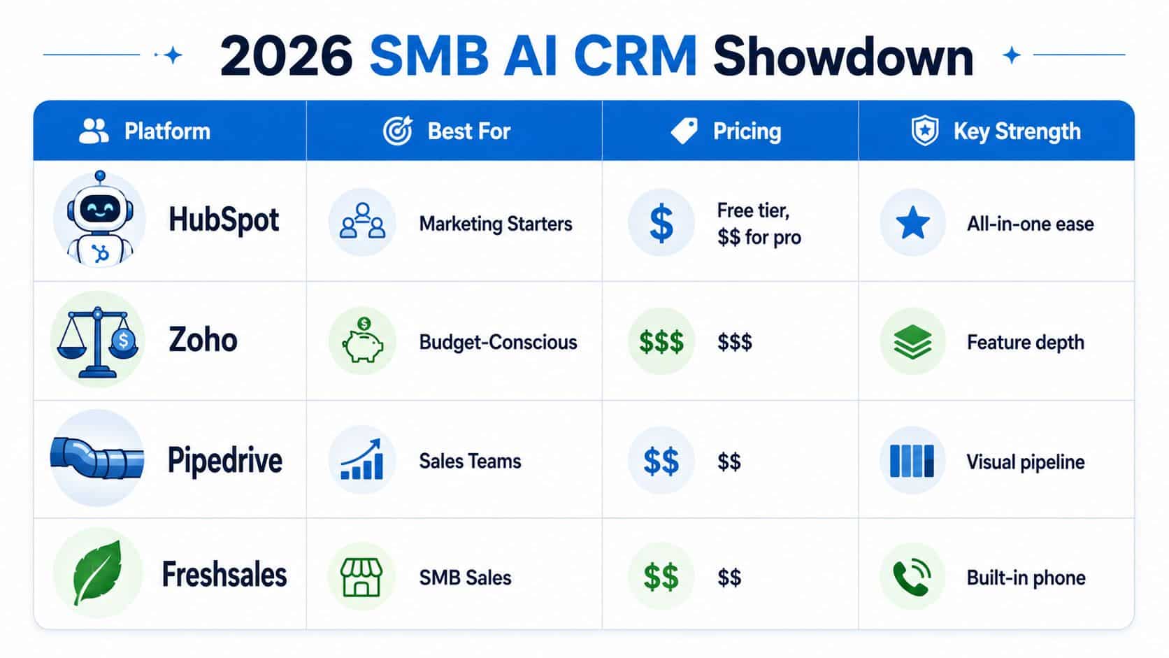 A comparison chart of 2026 AI CRM platforms for small businesses showing HubSpot, Zoho, Pipedrive, and Freshsales.