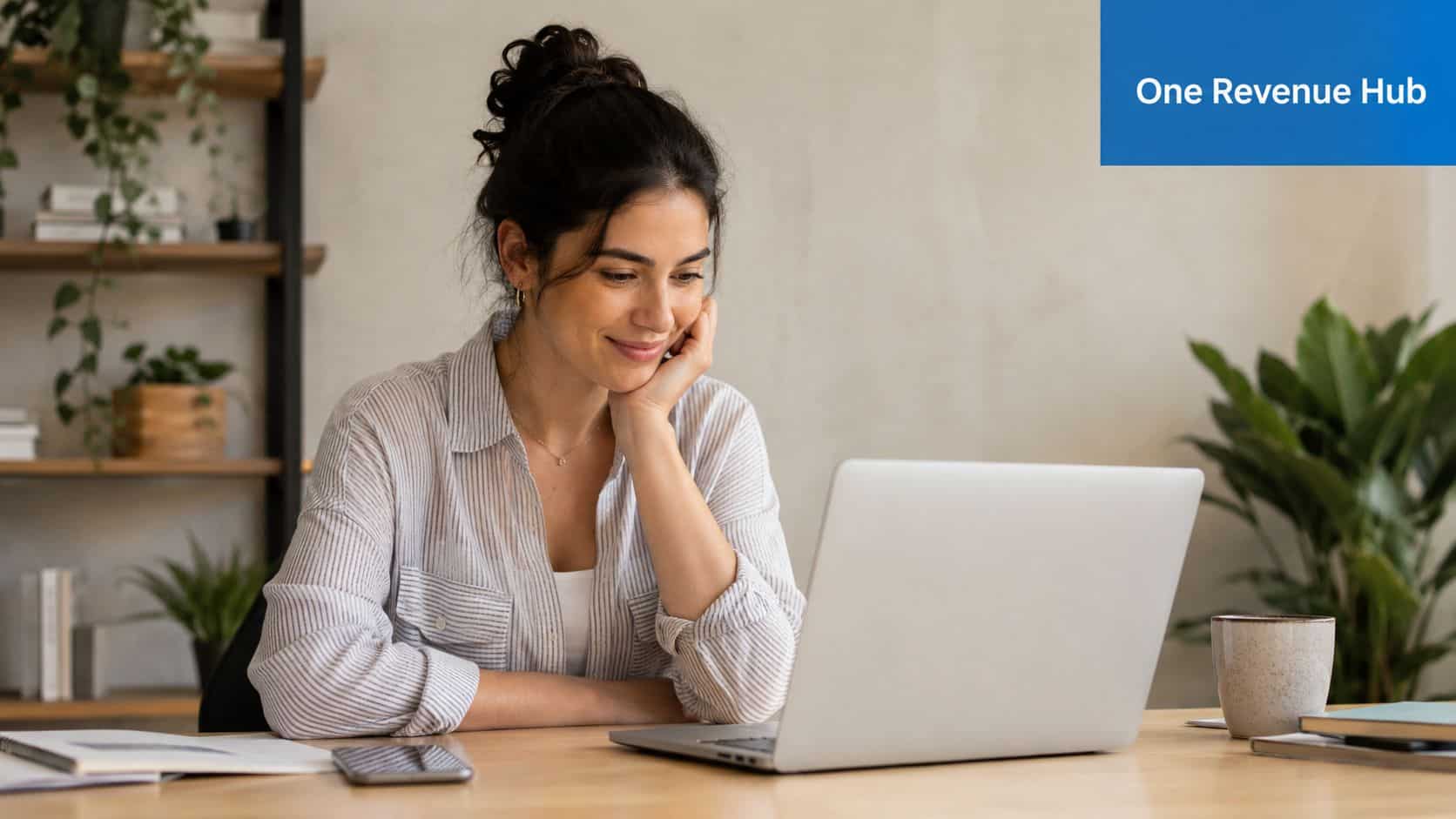 A smiling young woman using a laptop computer while sitting at her home office desk.