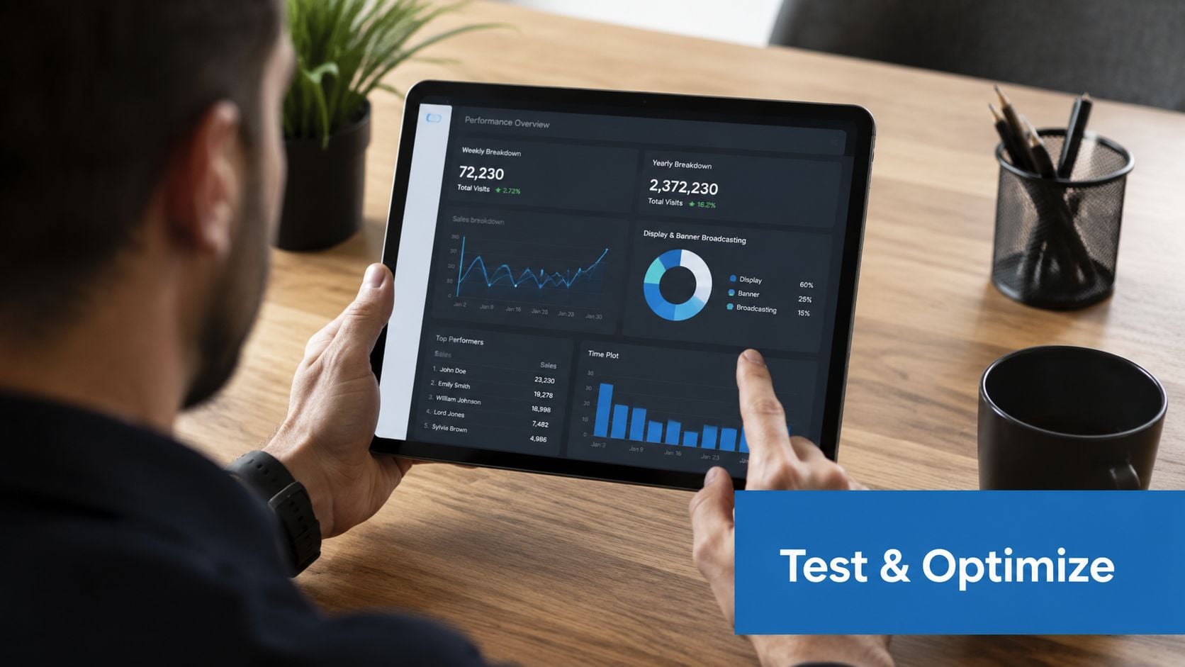 A professional man viewing digital marketing performance analytics on a tablet screen while working at his desk.