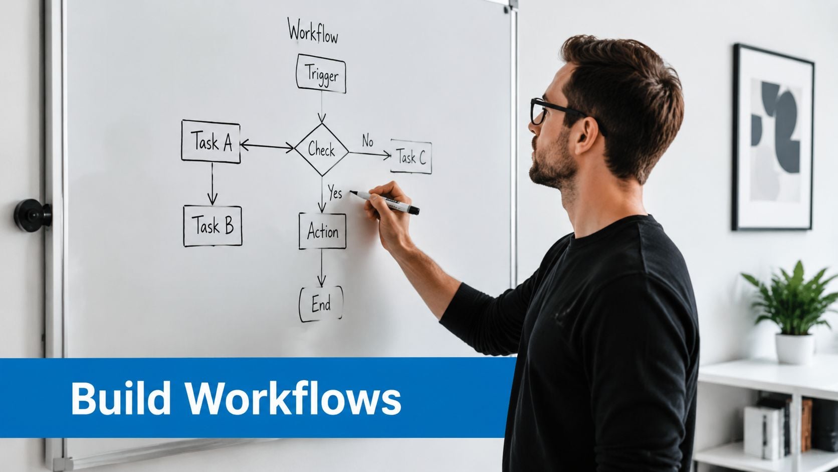 A man draws a business process flowchart on a whiteboard while standing in a bright office.