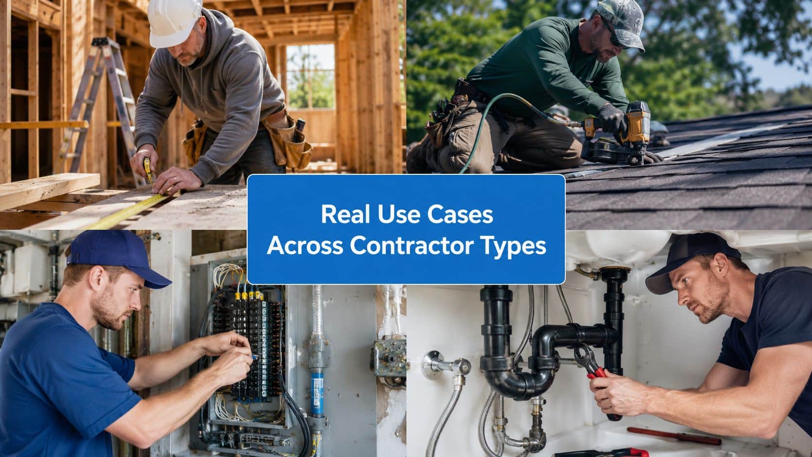 A collage showing a carpenter, roofer, electrician, and plumber working on various construction and home repair projects.