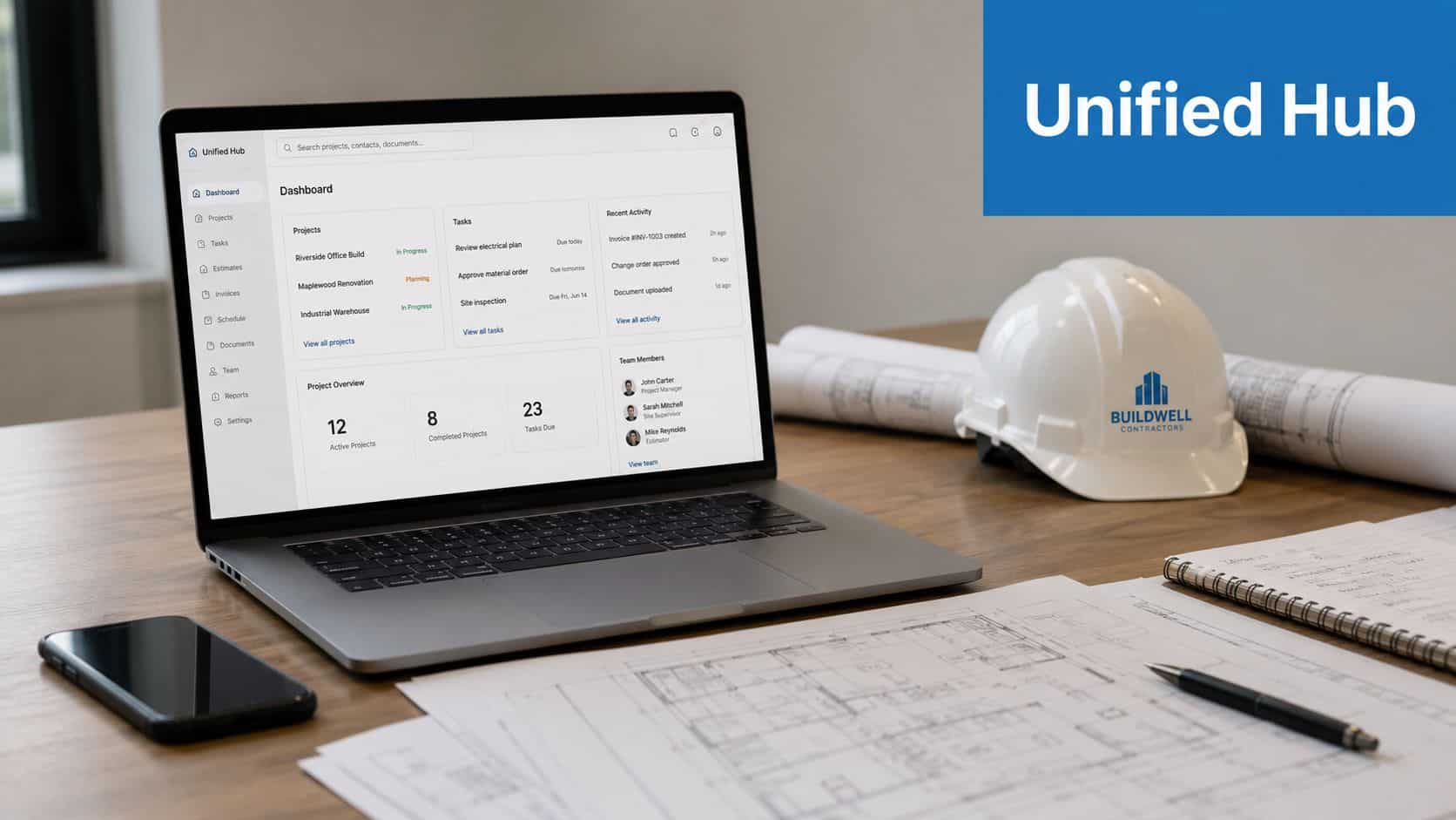 A laptop displaying the Unified Hub dashboard for construction management, sitting on a desk with blueprints.