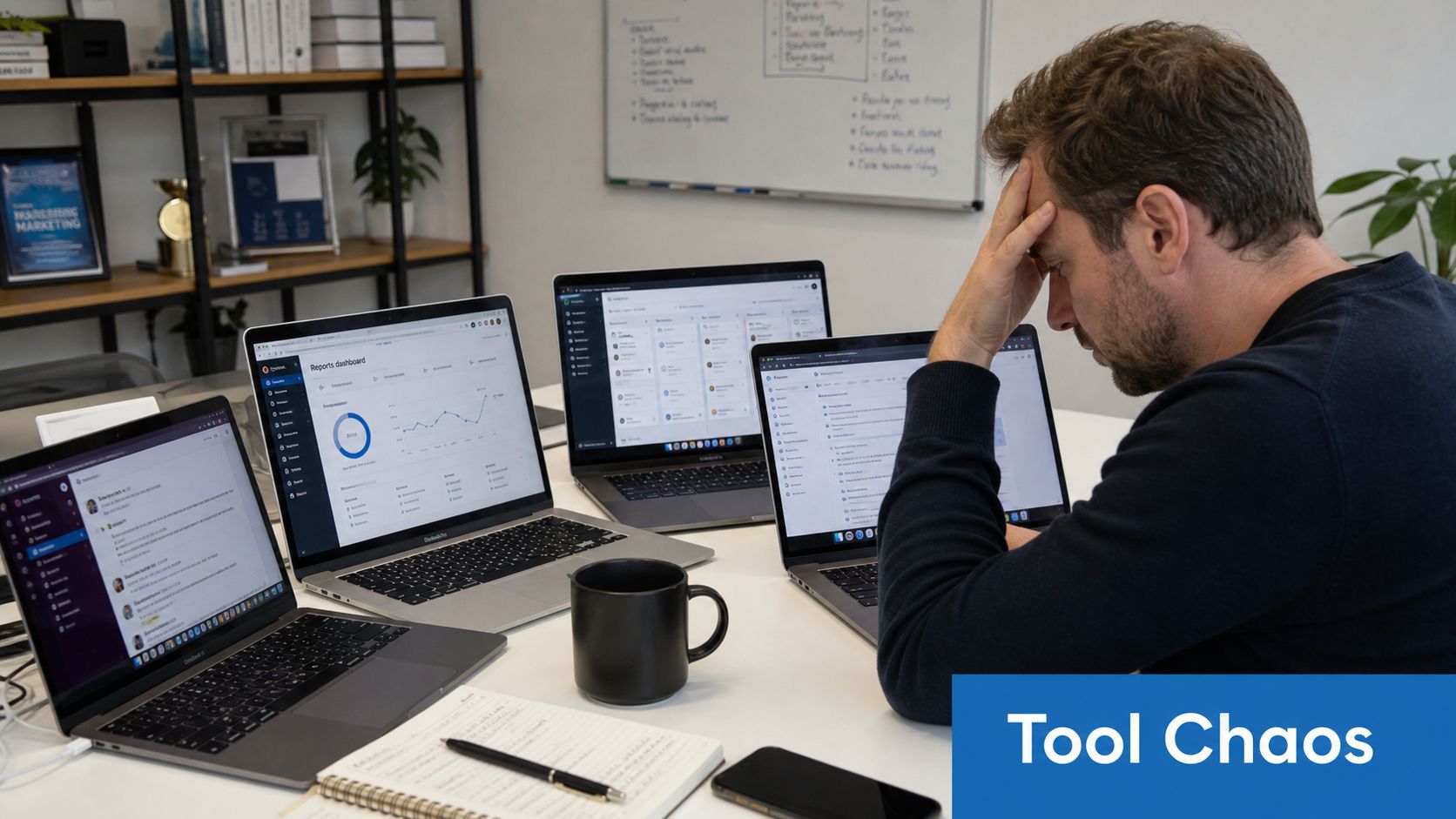 A stressed man working on multiple laptops, illustrating the challenges of managing numerous digital marketing tools.