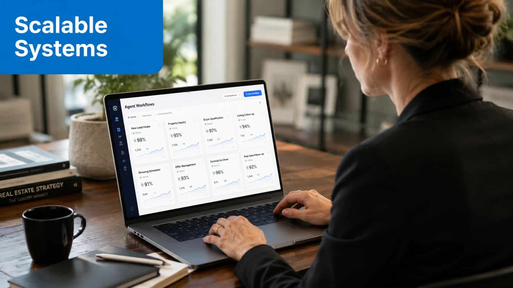 A professional realtor works on a laptop displaying automated real estate agent workflows in an office.
