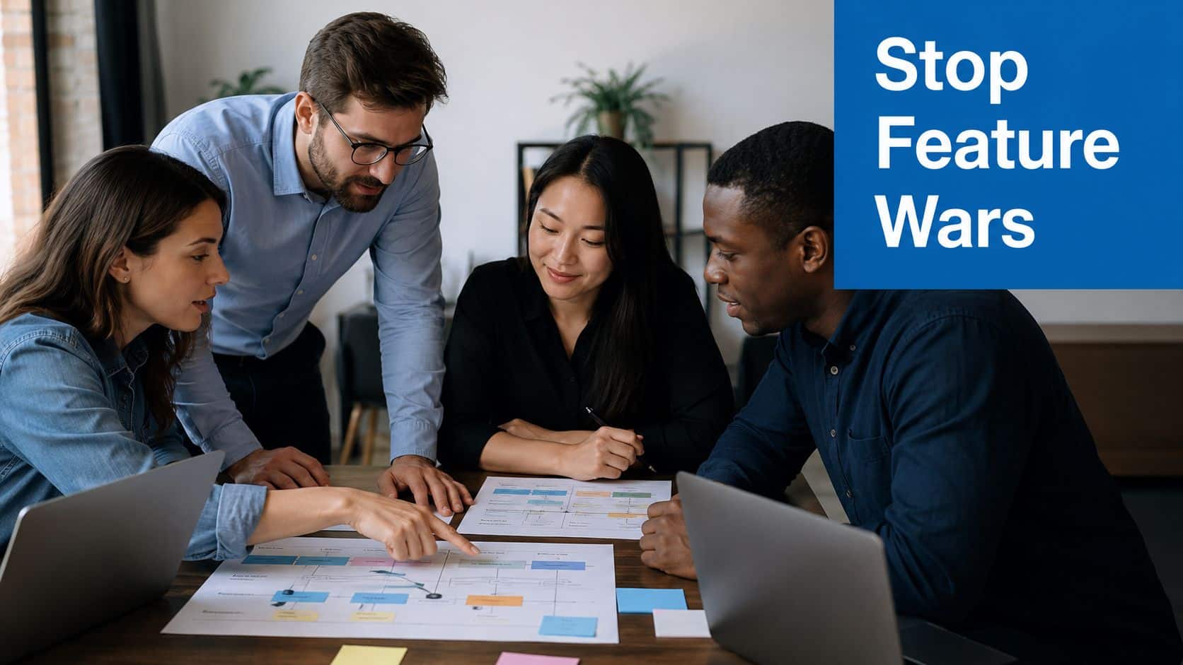 A diverse team of professionals collaboratively analyzing project flowcharts during a strategy meeting in an office.