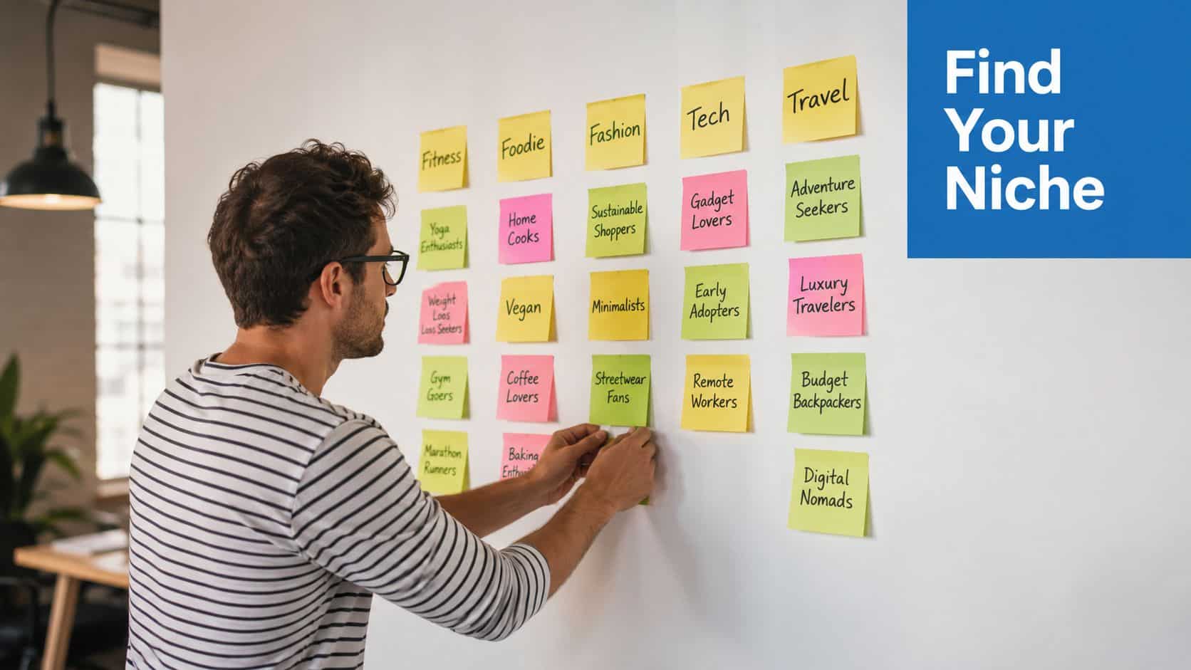 A man in a striped shirt thoughtfully selects a sticky note from a wall of niche topics.