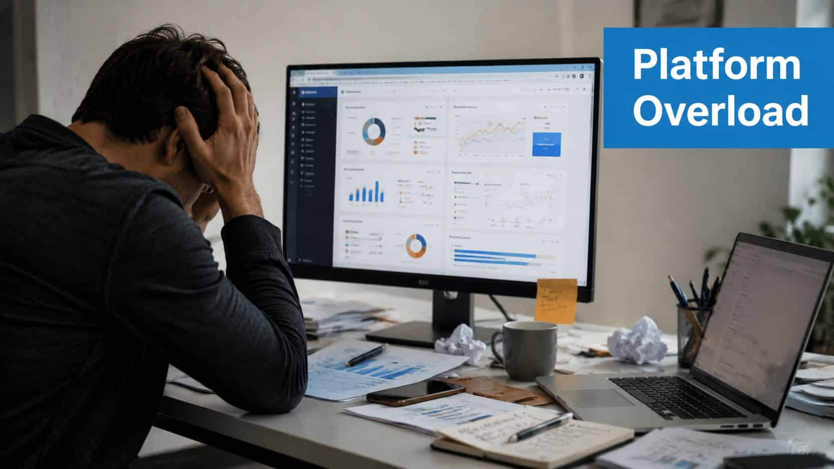 A person sitting at a cluttered desk looking overwhelmed by complex data charts on computer screens.