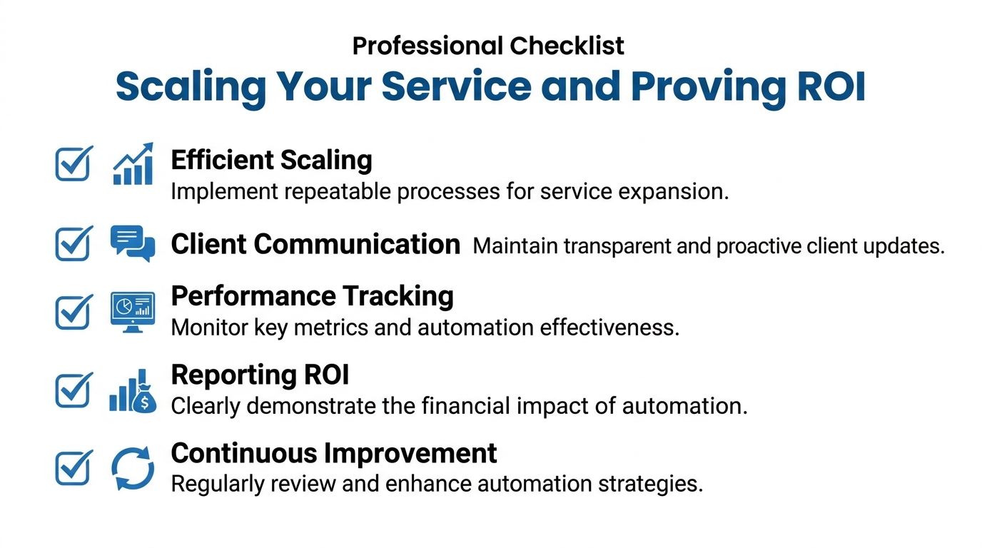 A professional checklist outlining key steps for scaling services and proving ROI through automation for agencies.