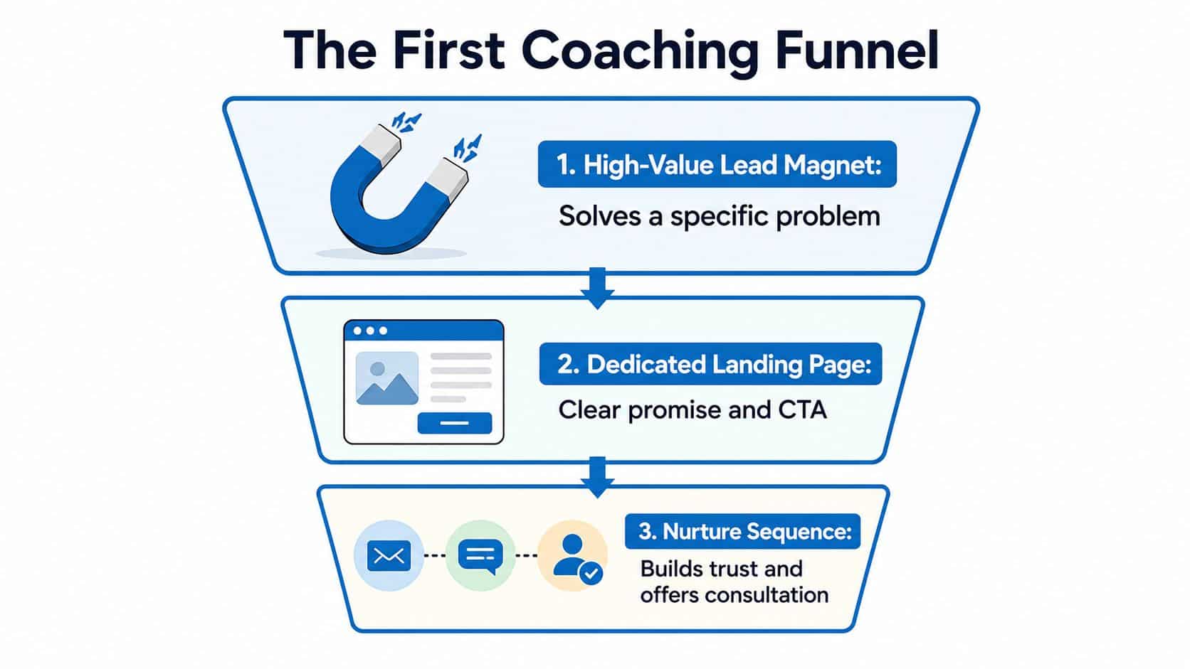 A diagram illustrating the three steps of a coaching business marketing funnel for generating new leads.