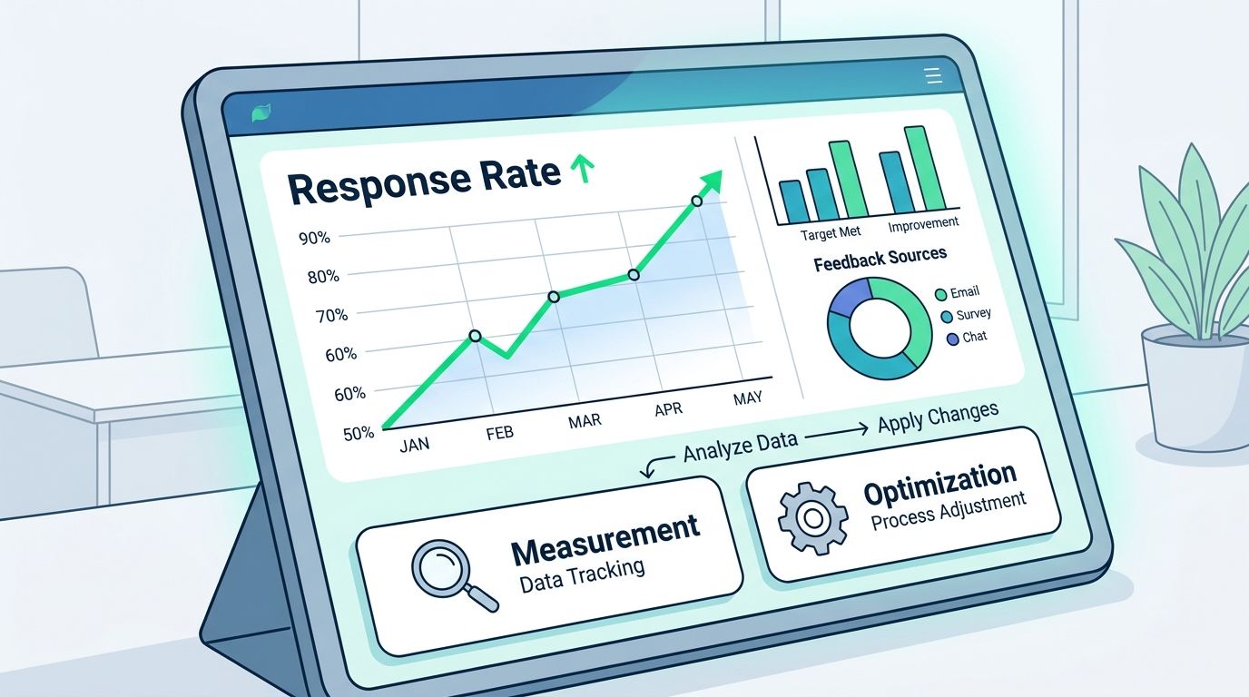A digital tablet displaying a business analytics dashboard with a rising trend graph and data optimization icons.