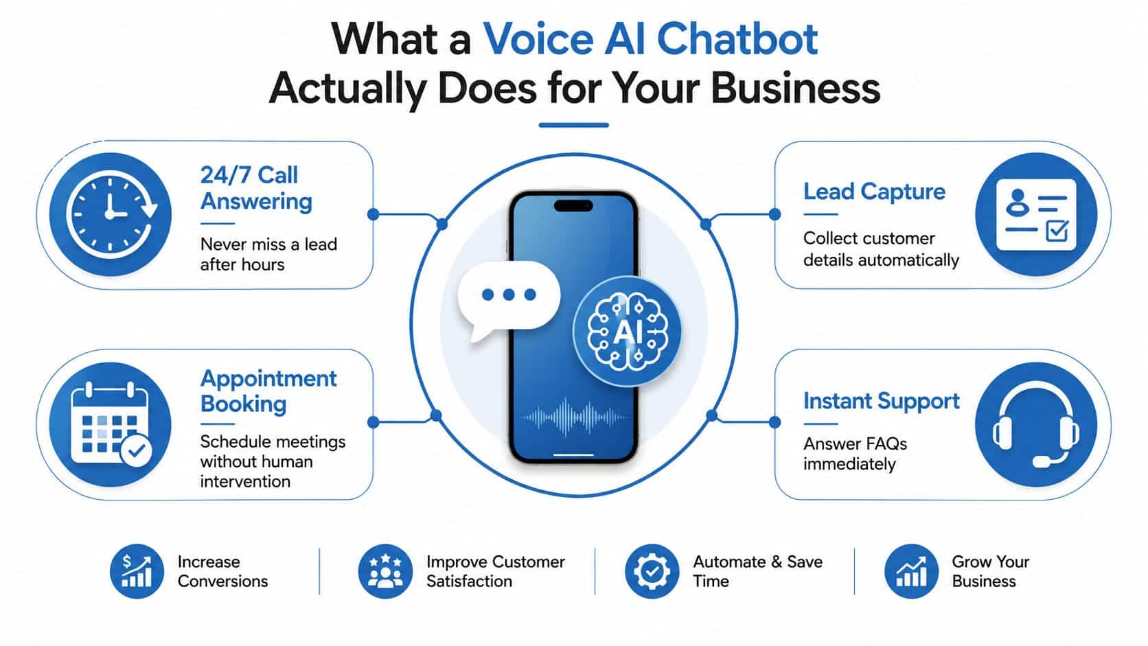 An infographic showing four key benefits of a voice AI chatbot for business automation and customer service.