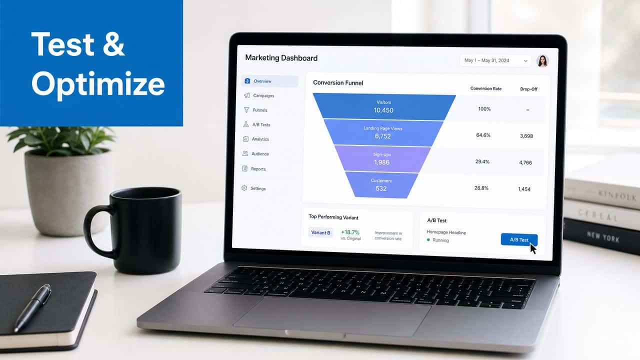 A modern laptop on a desk showing a marketing dashboard with conversion funnel and A/B test results.
