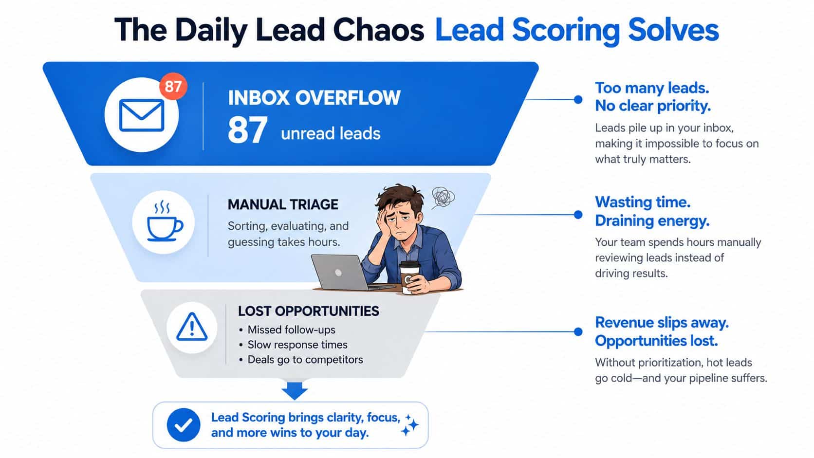 A funnel diagram illustrating how lead scoring helps businesses manage high volumes of unread sales leads.