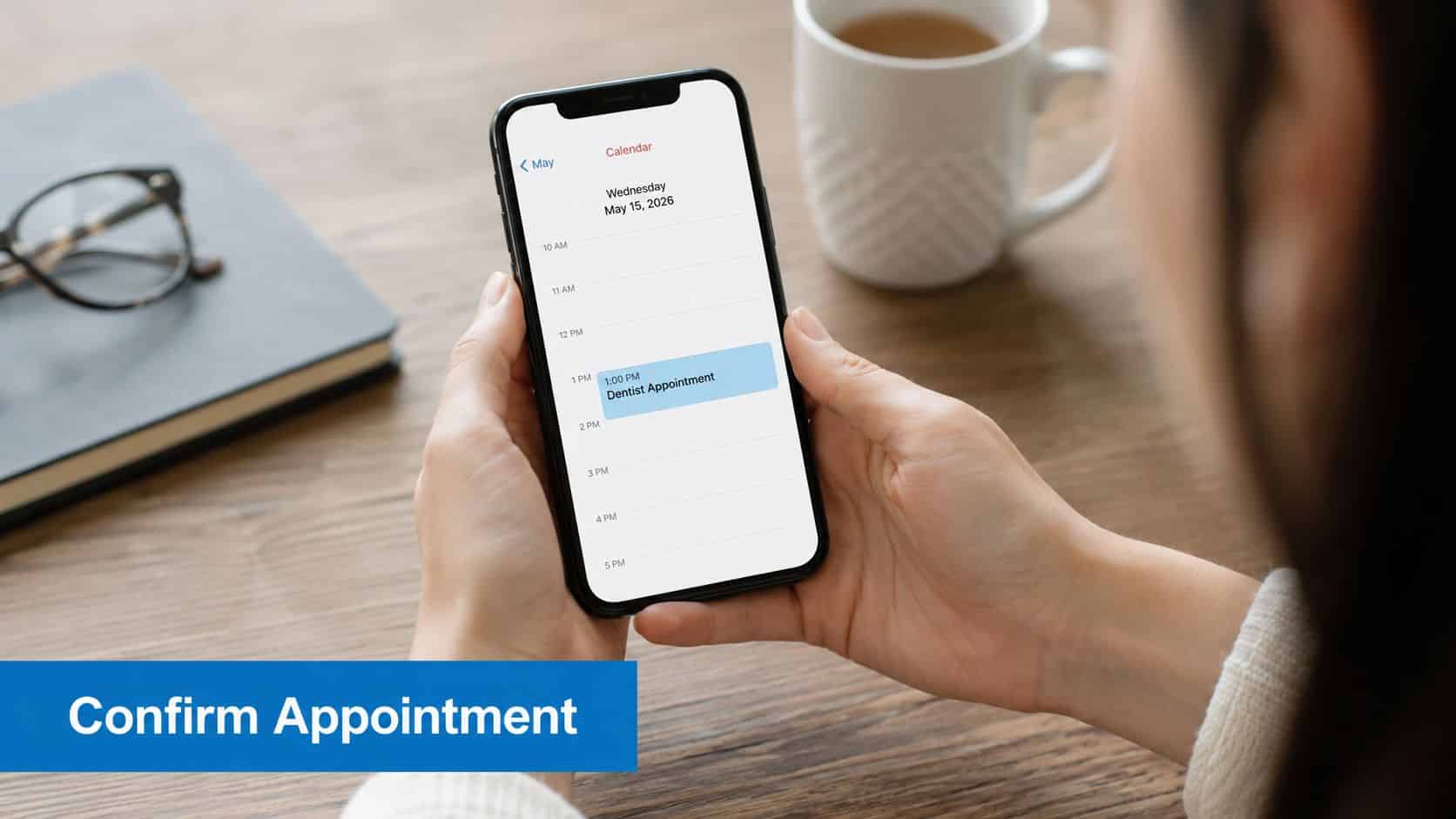 A person checking a scheduled dentist appointment on a smartphone calendar app while sitting at a desk.