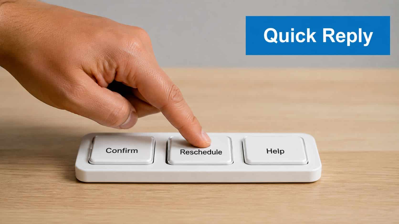 A human hand presses the Reschedule button on a small, three-button control panel placed on a wooden desk.