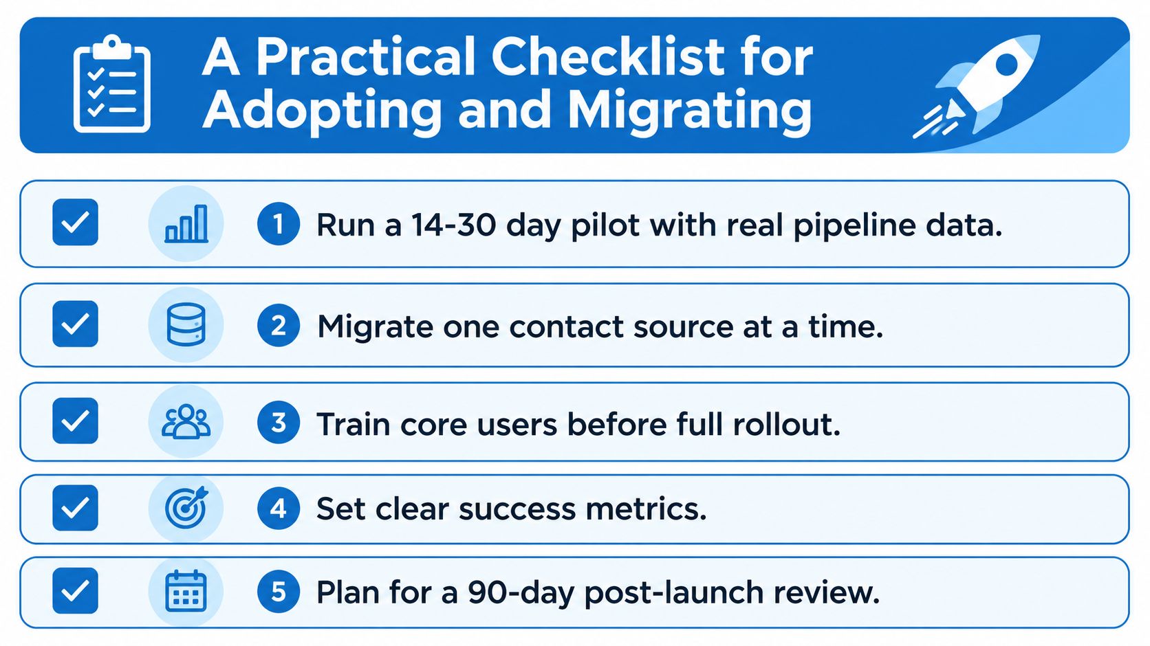 A checklist infographic titled A Practical Checklist for Adopting and Migrating with five numbered steps for CRM migration.