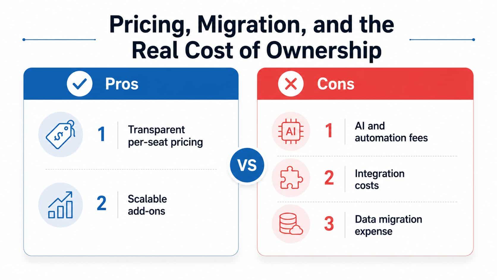A comparison chart showing the pros and cons of pricing, migration, and the real cost of software ownership.