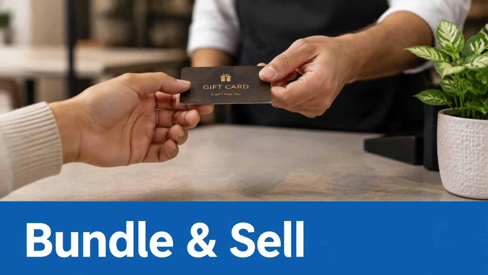 A store employee handing a gold and black gift card to a customer at a store counter.
