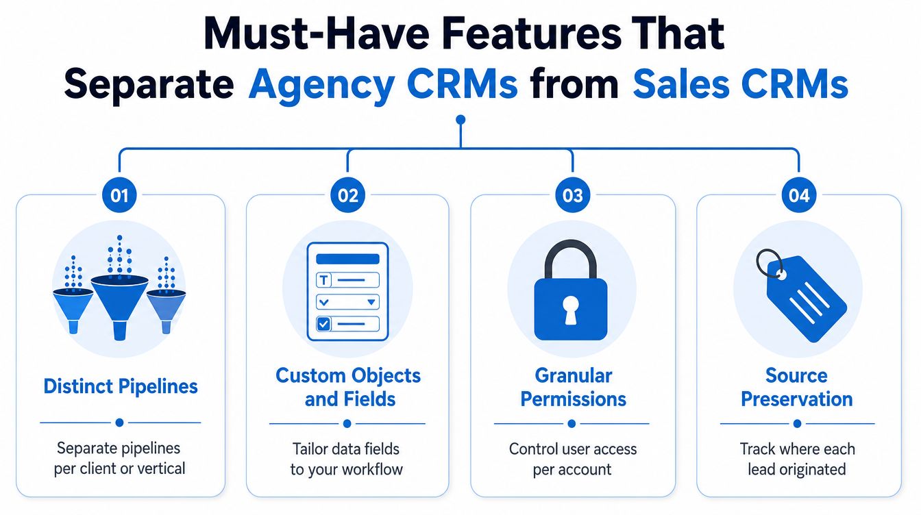 A diagram illustrating four key features that differentiate agency CRMs from general sales CRMs.
