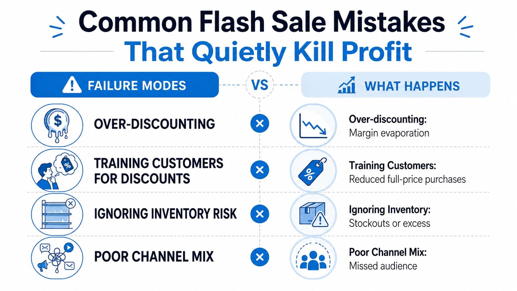 A diagram illustrating common flash sale mistakes that reduce profit, including over-discounting, training customers, inventory risks, and poor channel mix.