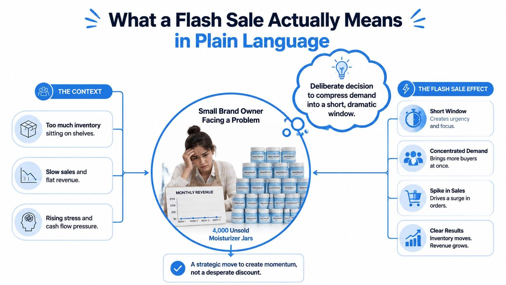 An infographic explaining how flash sales help small businesses move stagnant inventory and increase revenue effectively.