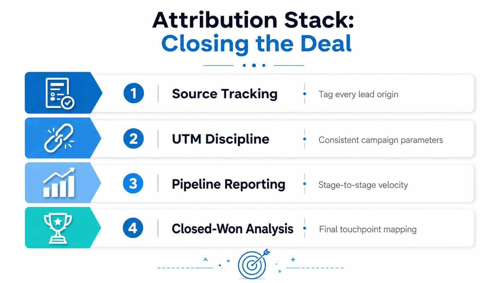 A diagram titled Attribution Stack: Closing the Deal, showing four steps for tracking marketing leads and sales pipeline.