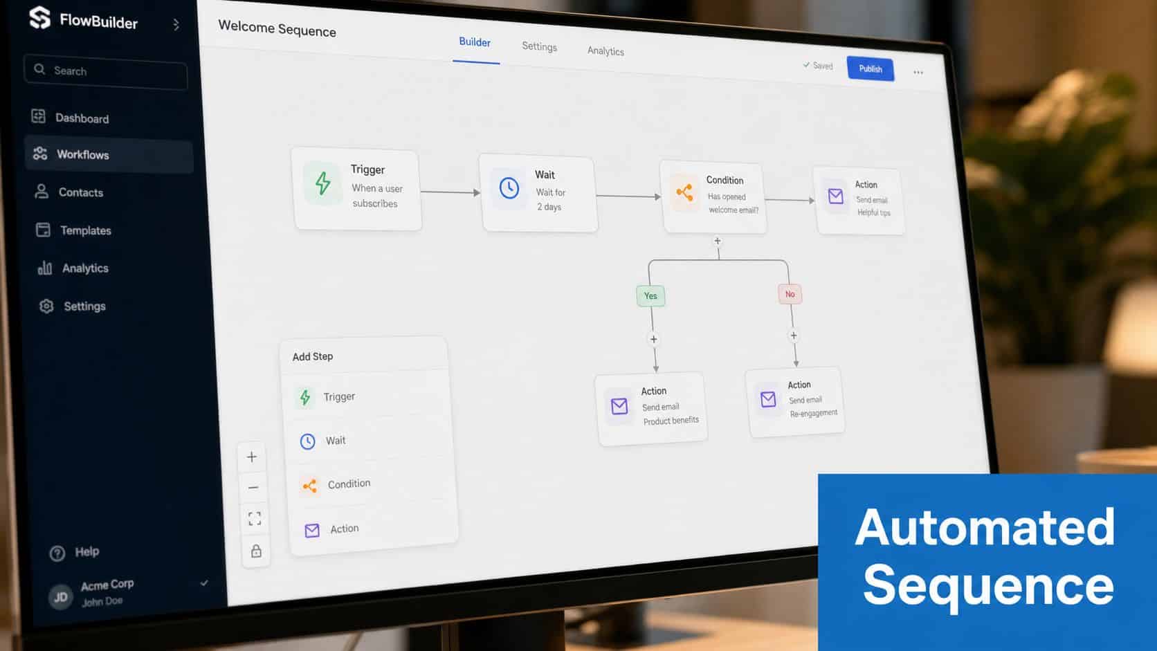 A computer screen showing a workflow builder interface for creating automated marketing email sequences and customer journeys.