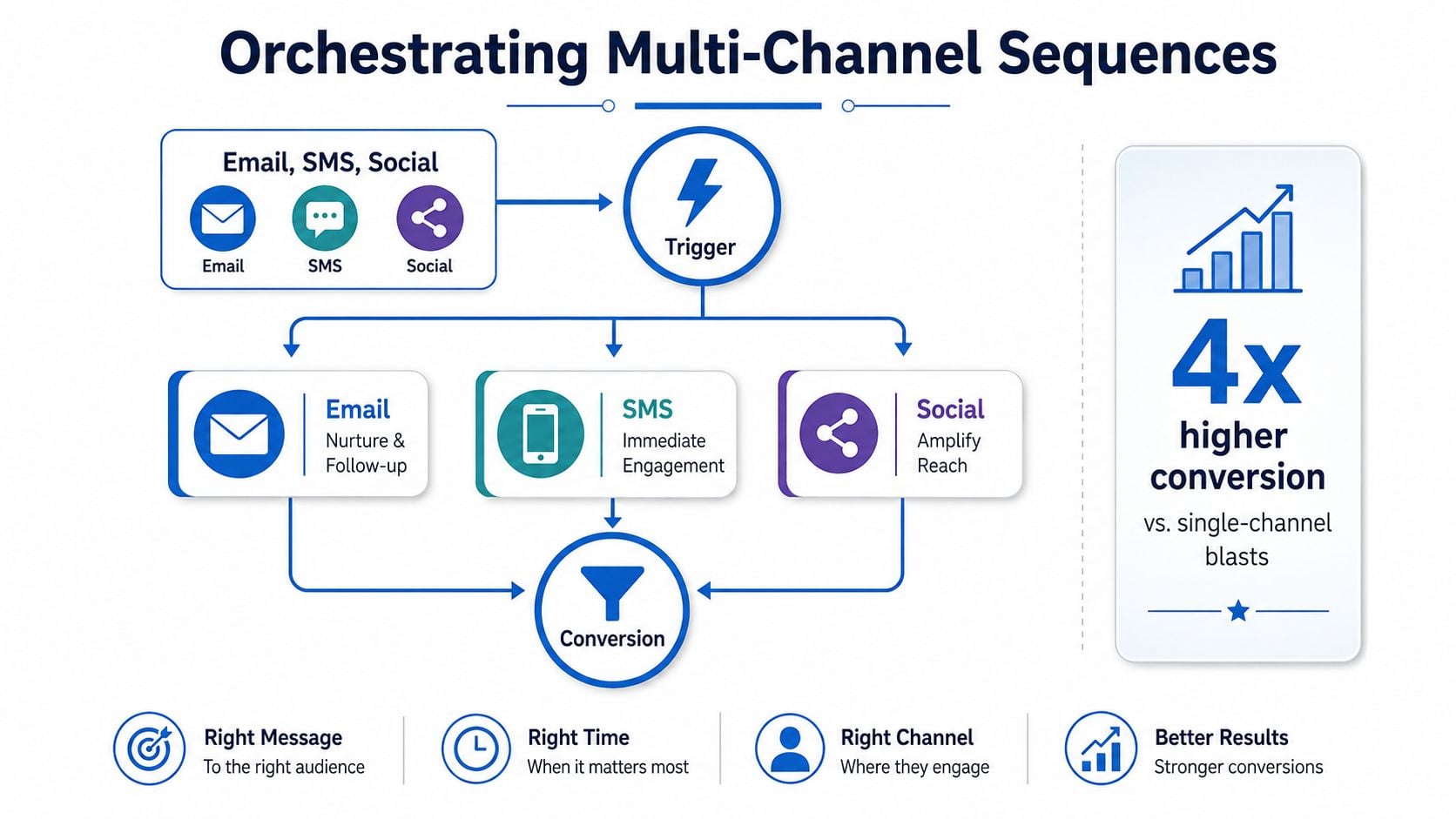 A diagram illustrating multi-channel marketing sequences using email, SMS, and social media to drive higher conversions.
