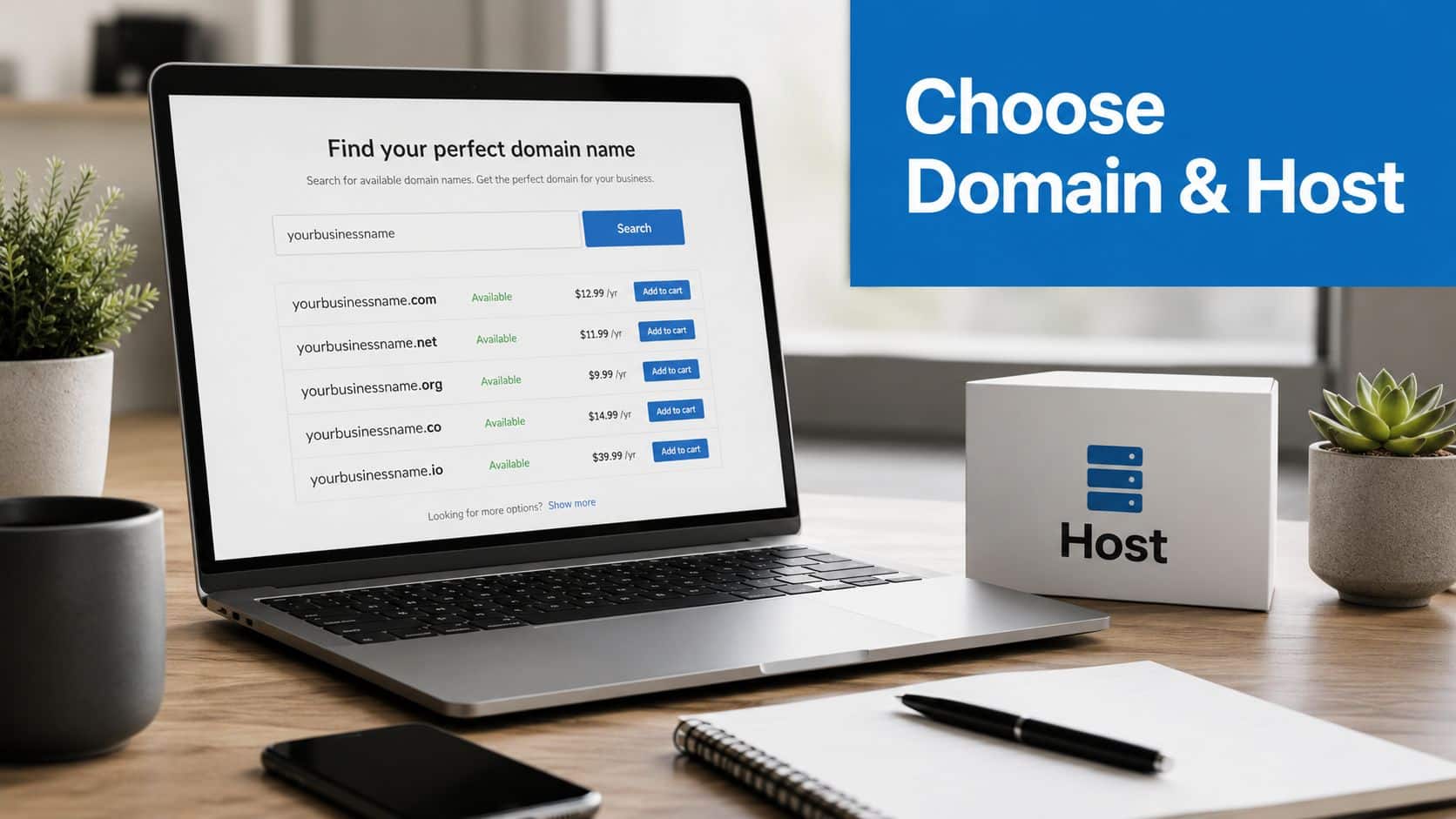 A modern laptop on a wooden desk displaying a domain name search website with hosting options.