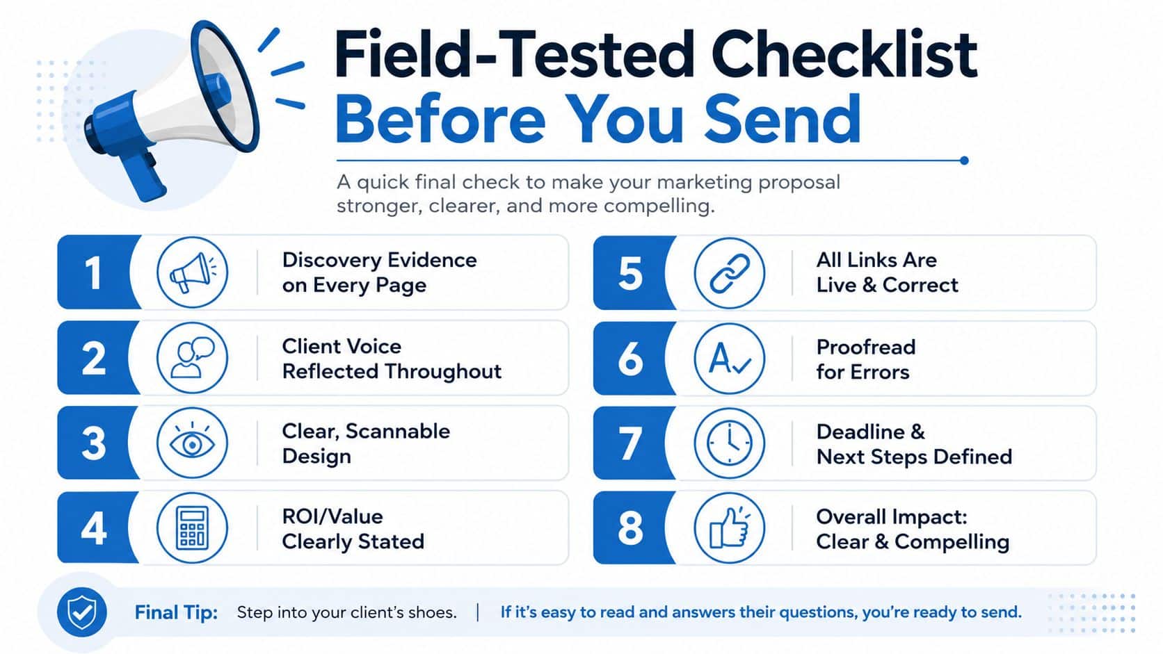 A professional checklist for marketing proposals featuring eight essential steps for ensuring quality and effectiveness.