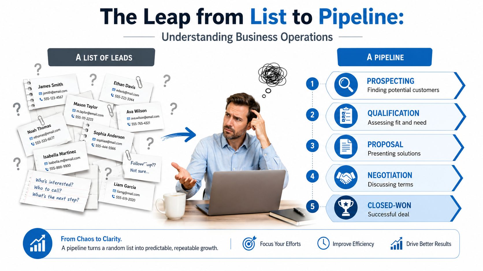 A professional man at a laptop feeling overwhelmed by a disorganized list of leads transitioning into a structured sales pipeline process.