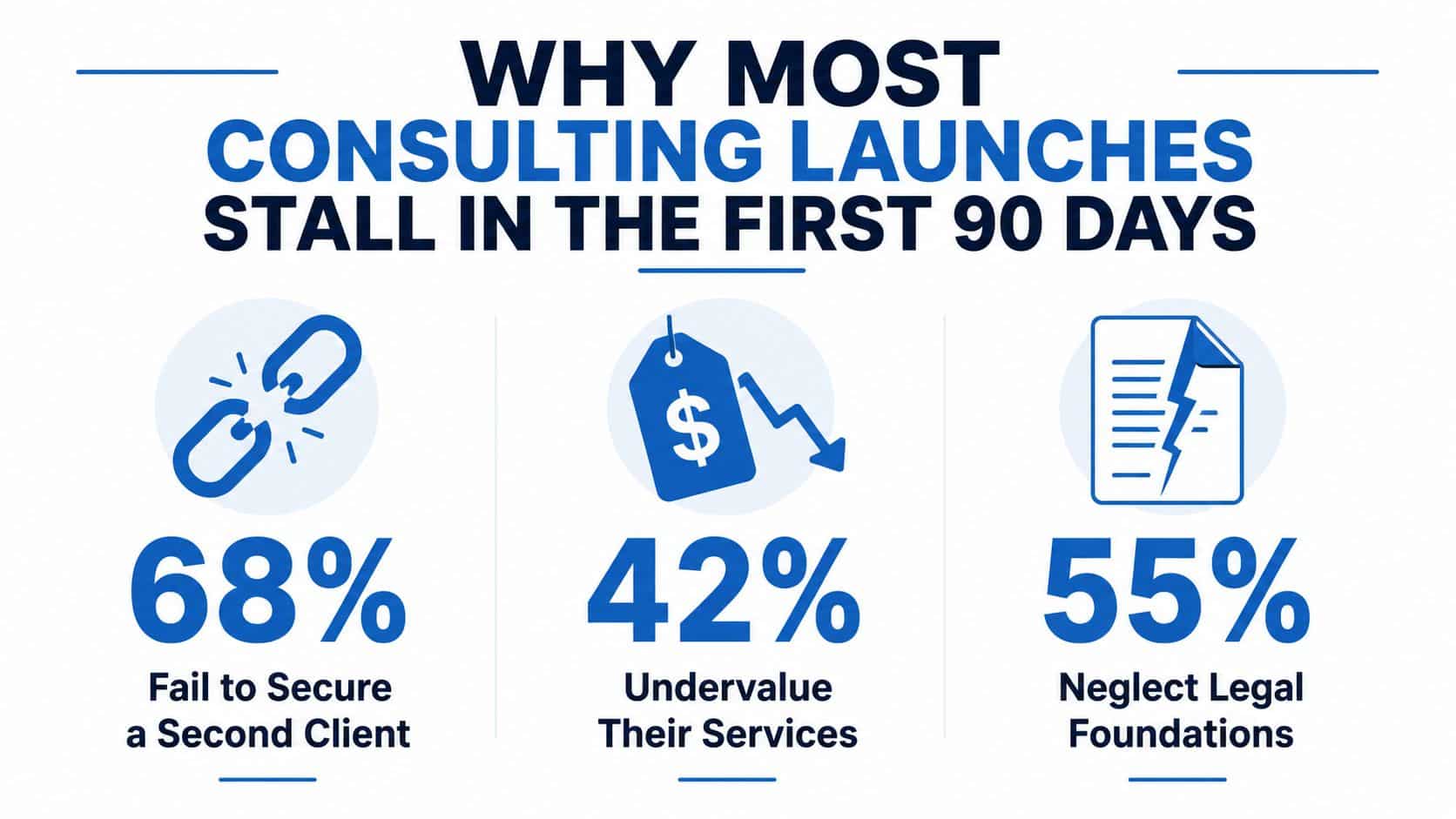 A graphic illustration detailing why many new consulting business launches fail within the first ninety days.