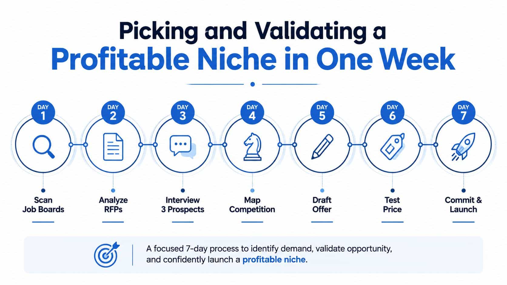 An infographic showing a seven-day plan for picking and validating a profitable niche for a new business.