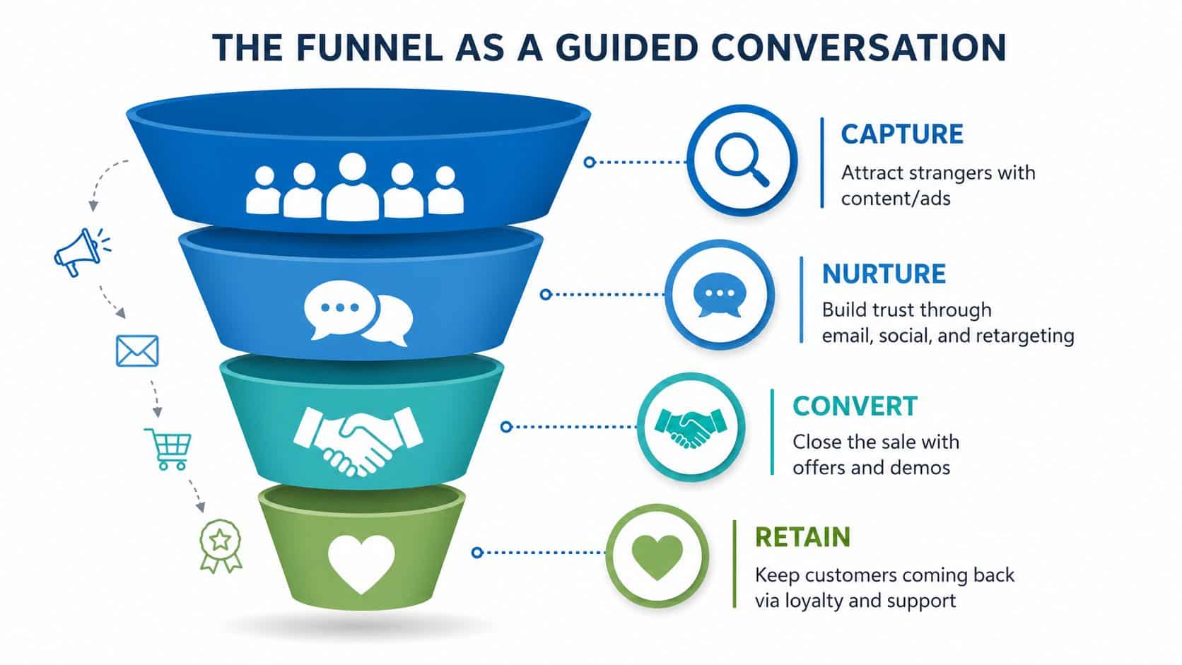 A marketing funnel diagram illustrating the four stages: Capture, Nurture, Convert, and Retain to guide customers.