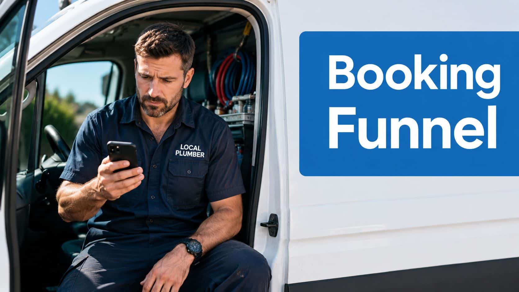 A professional plumber in uniform sitting in his work van while checking his smartphone for jobs.